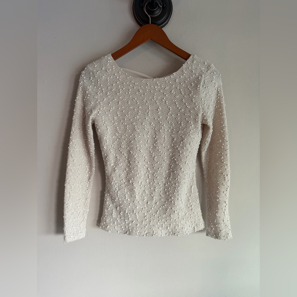 Jennifer Lopez Cream Textured Pom Pom Tie‎ Back Long Sleeve Top Petite XS